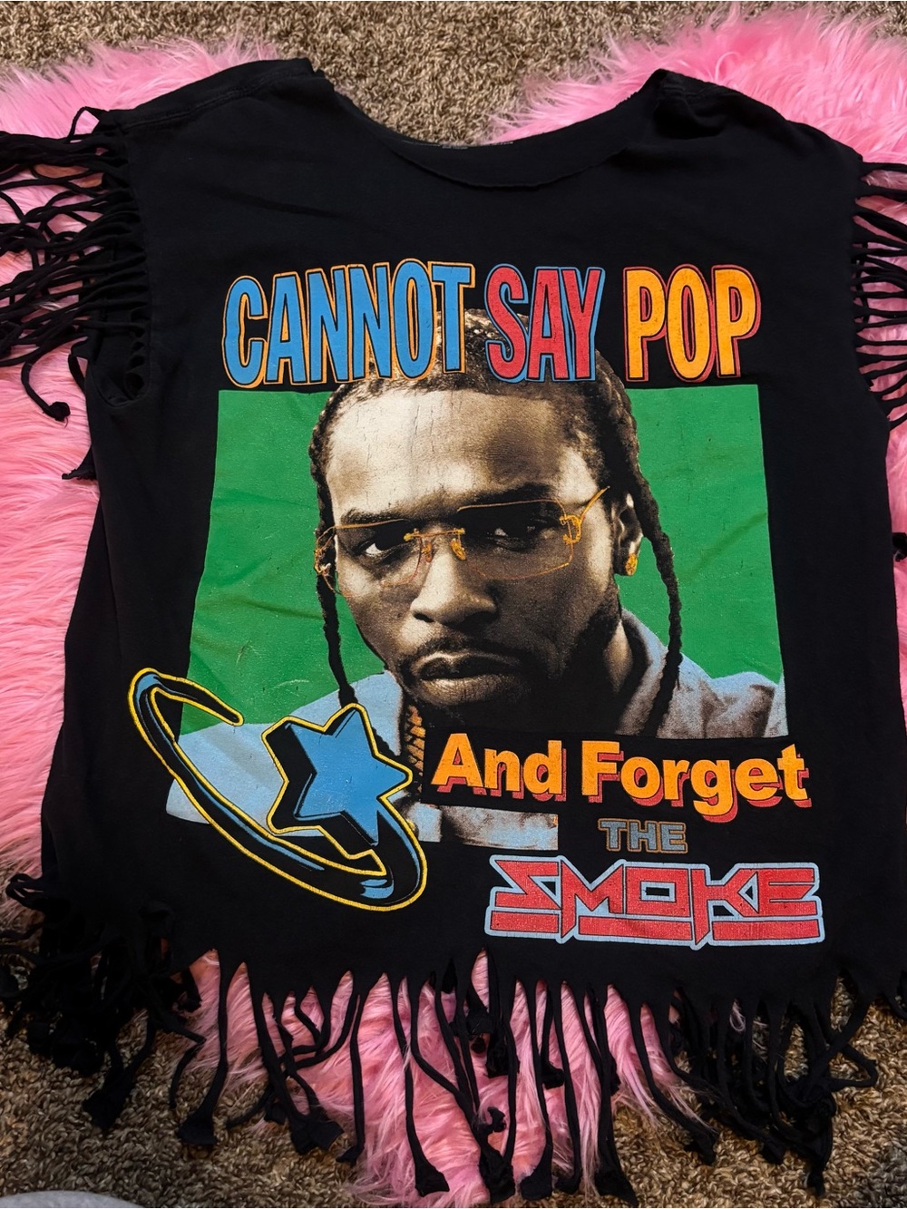 Custom Pop Smoke Graphic Fringe Tank Top DIY Distressed Rap Tee Women’s L